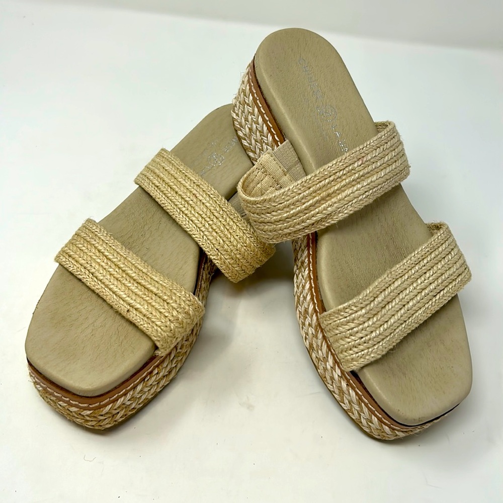 Chinese Laundry Beige Double Strap Woven Espadrille Slip-On Platforms Size 7.5